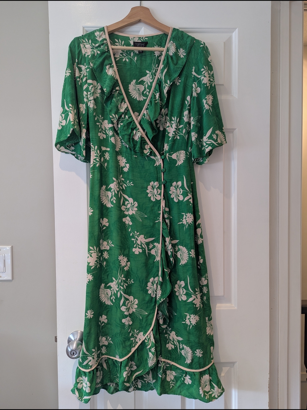 Romantic Cottagecore Emerald Green Floral Wrap Midi Tea Dress Retro 1940s 6 S